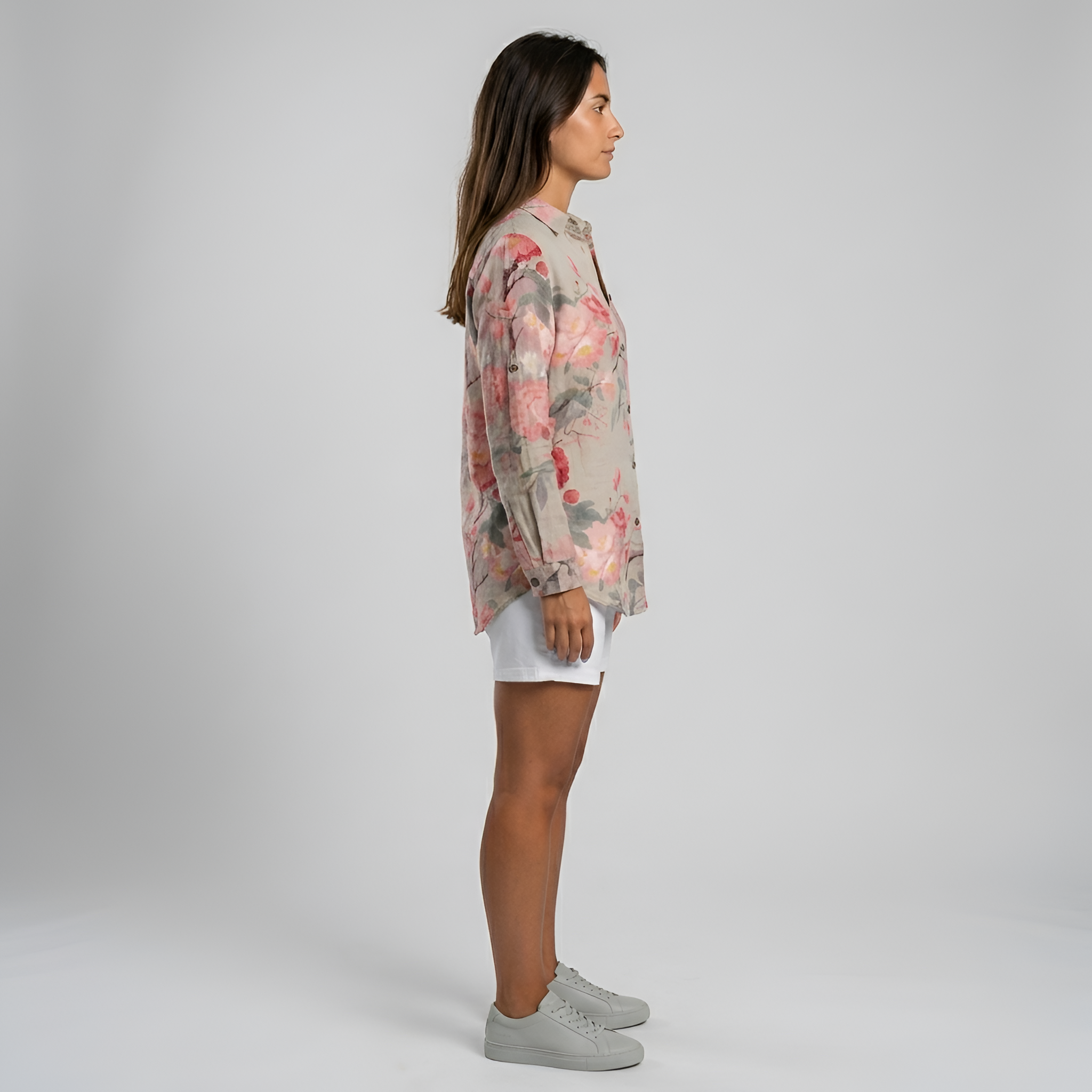 Camicia lunga donna floreale in cotone con bottoni manica lunga casual estiva