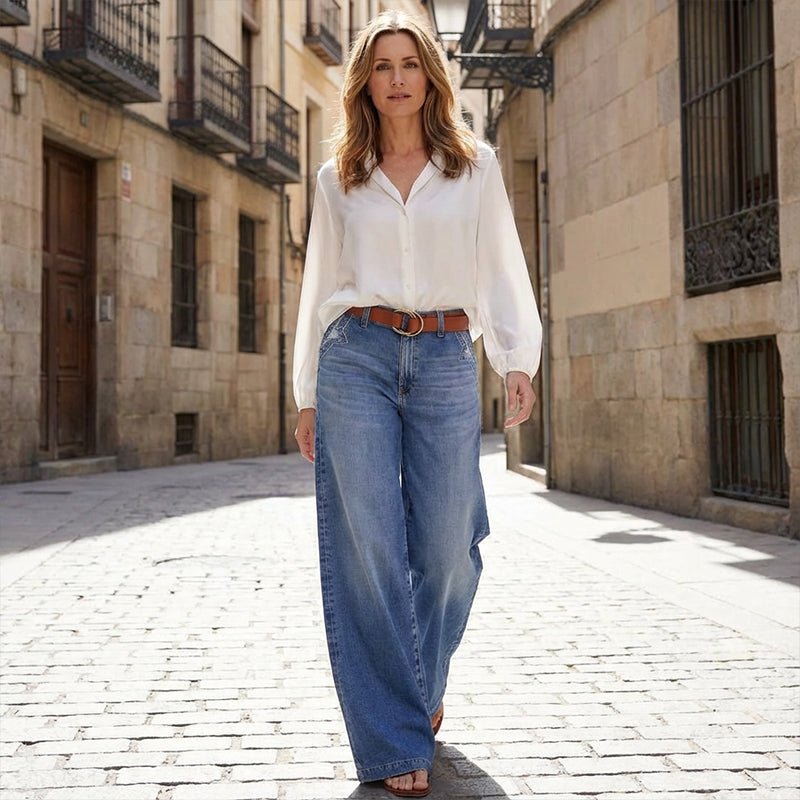 Jeans a Vita Alta e Gamba Larga in Stile Vintage