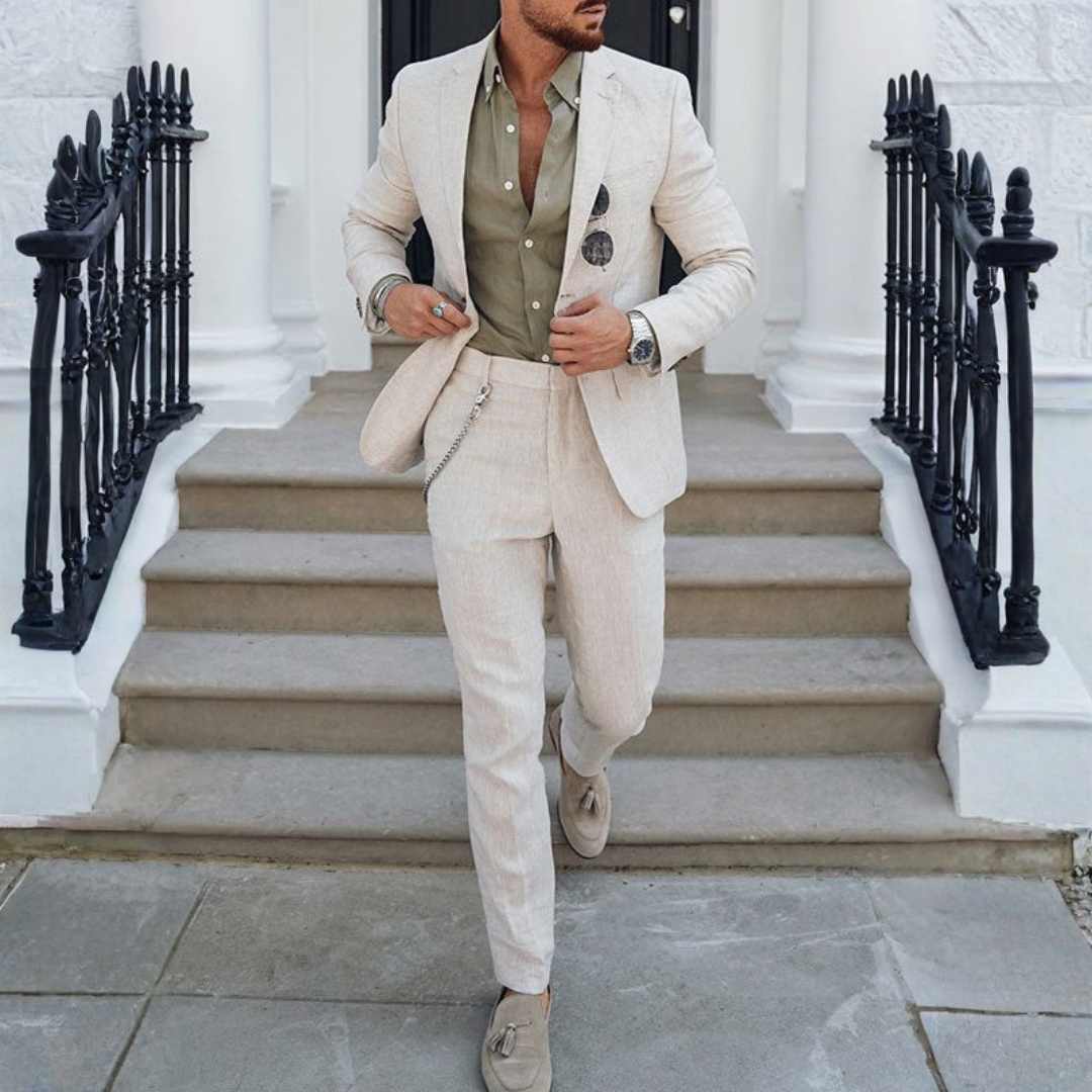 Completo Elegante da Uomo in Stile Lino con Blazer e Pantaloni