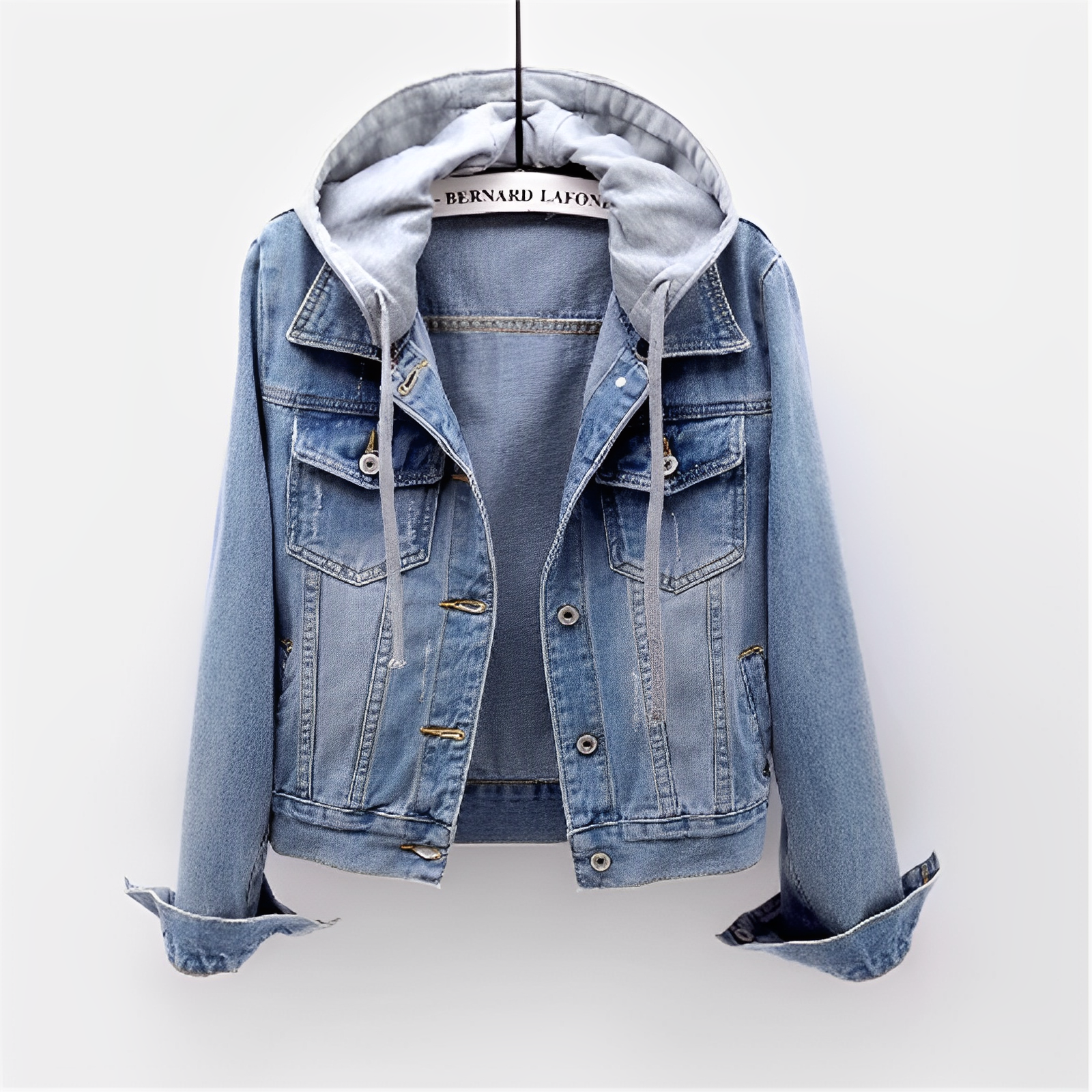Giacca di Jeans a Maniche Lunghe con Cappuccio Rimovibile