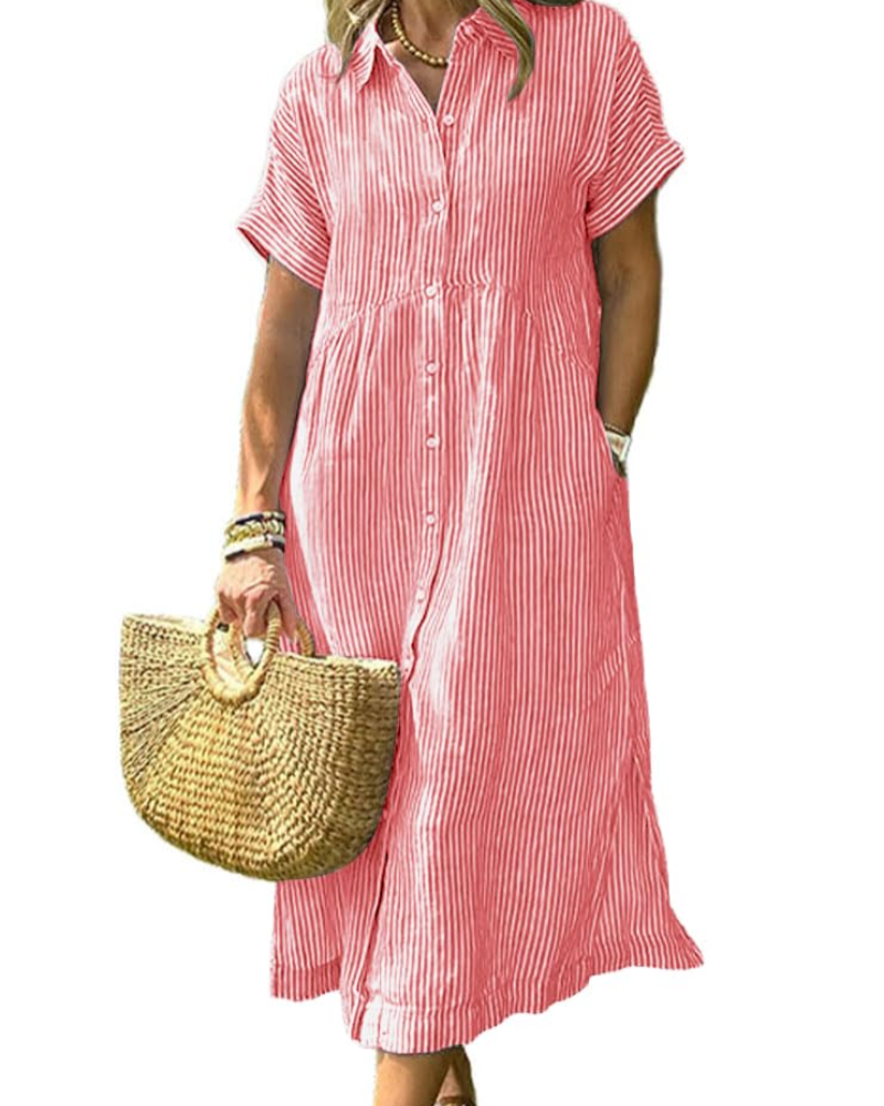 Abito Lungo Casual a Righe con Colletto e Tasche