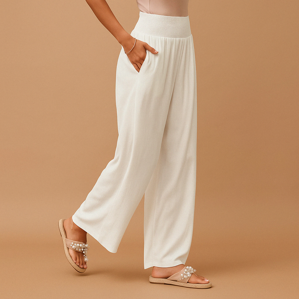Pantaloni in lino eleganti a vita alta per donna – Pantaloni casual elastici