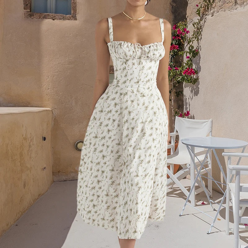 Abito Midi Donna con Spalline e Gonna Svasata