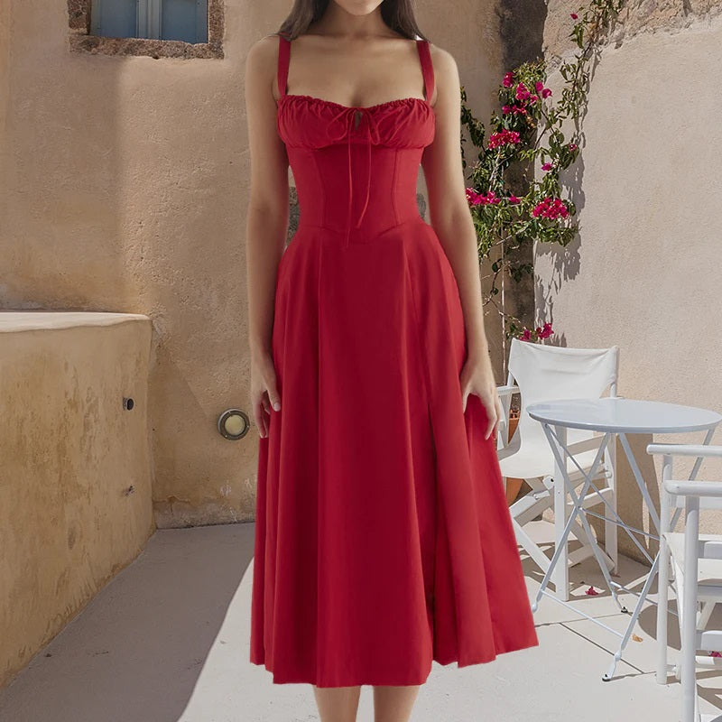 Abito Midi Donna con Spalline e Gonna Svasata