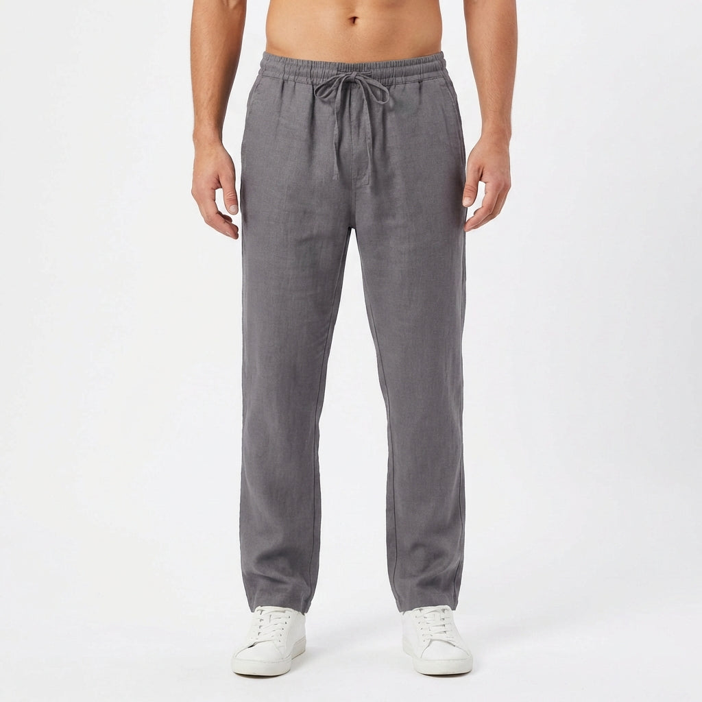 Pantaloni in lino da uomo con vita elastica e gamba dritta