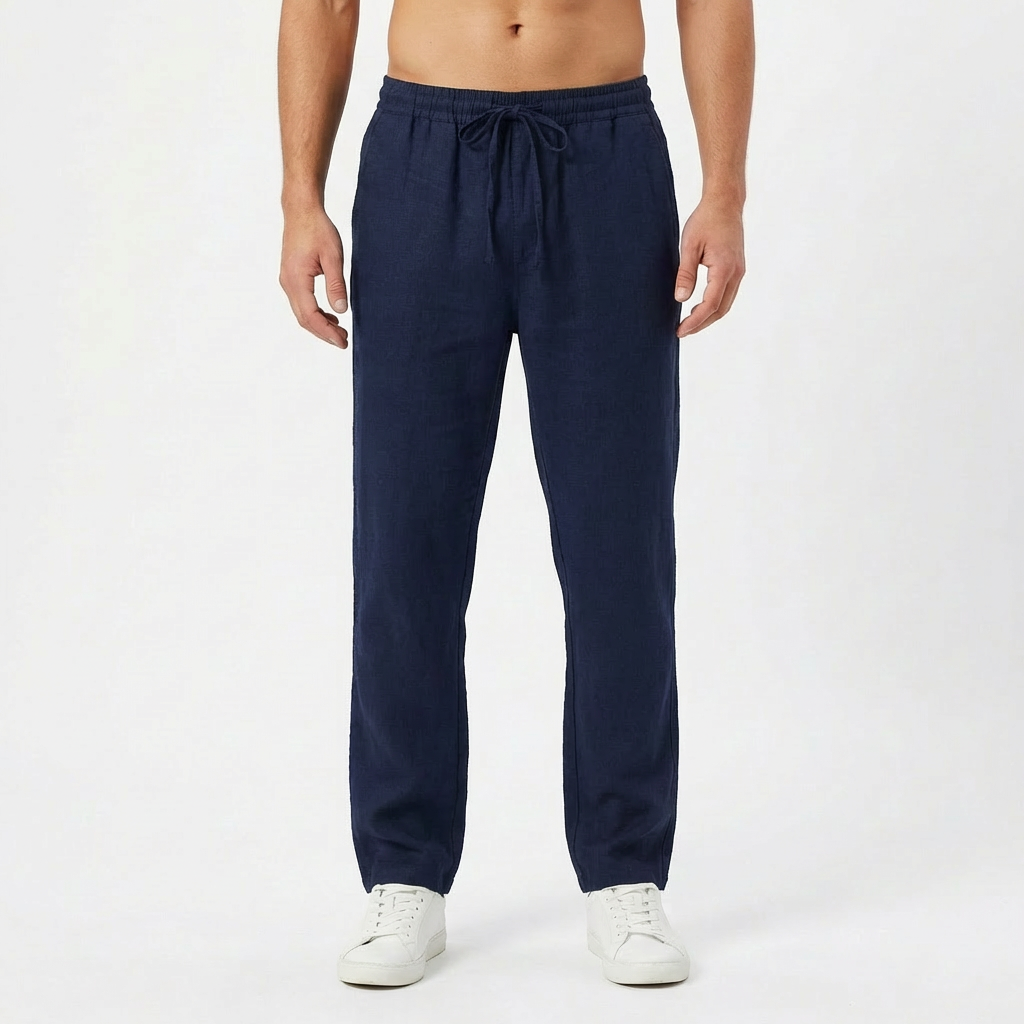 Pantaloni in lino da uomo con vita elastica e gamba dritta