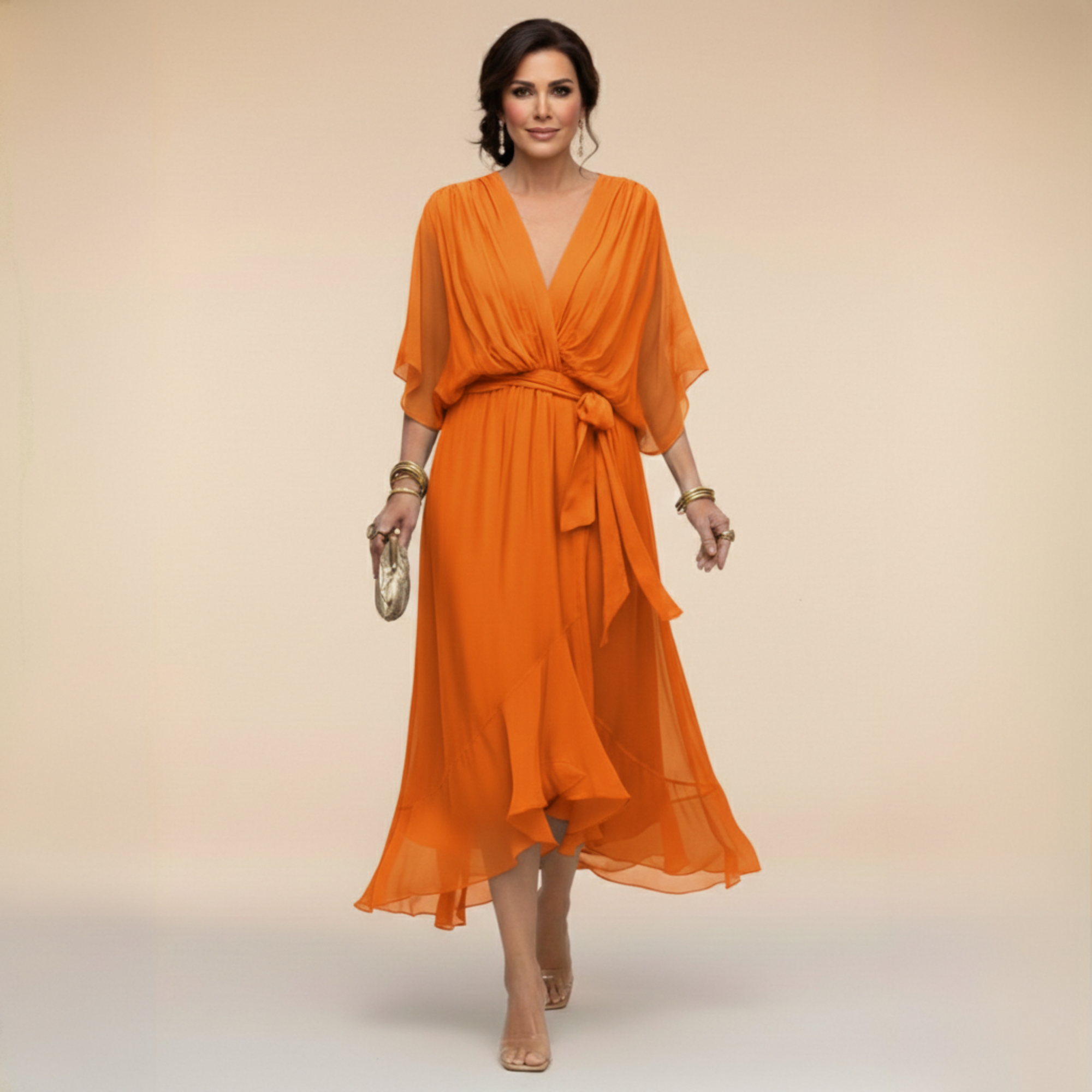Abito Lungo Elegante Donna con Scollo a V e Maniche a Pipistrello – Vestito Midi Chiffon Fluido con Cintura, Perfetto per Cerimonie e Occasioni Speciali