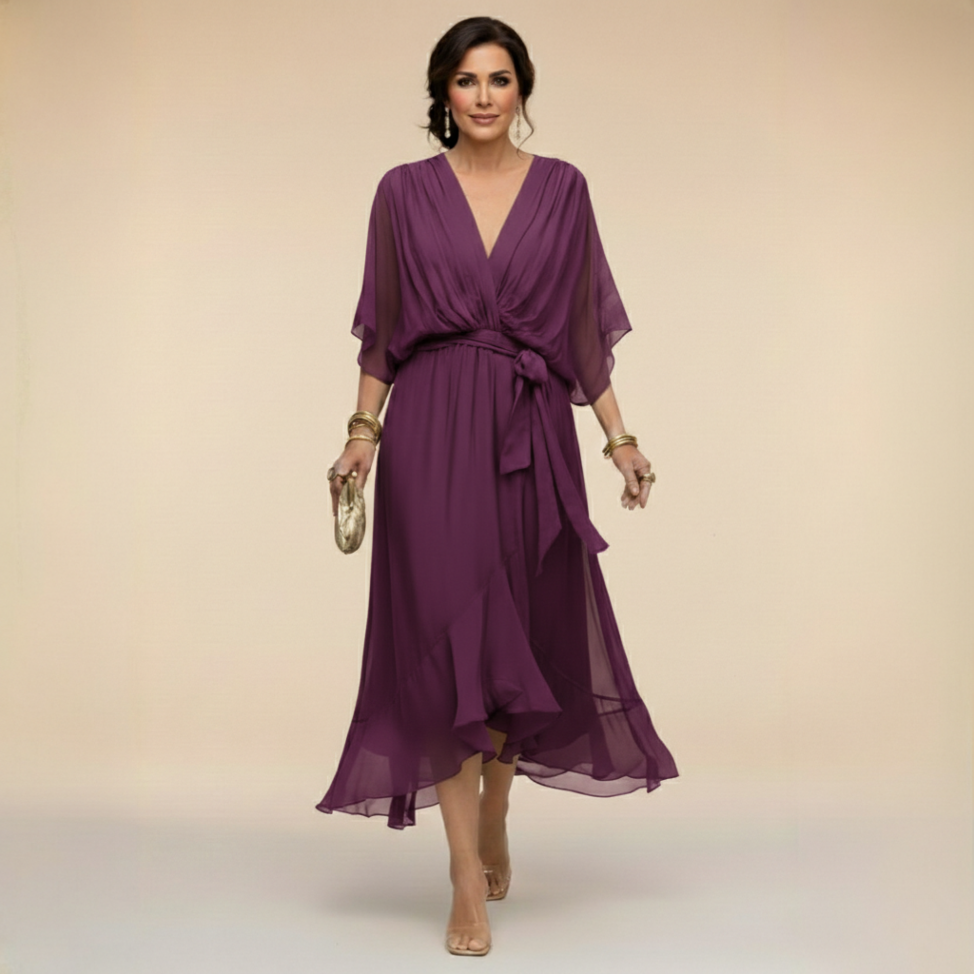 Abito Lungo Elegante Donna con Scollo a V e Maniche a Pipistrello – Vestito Midi Chiffon Fluido con Cintura, Perfetto per Cerimonie e Occasioni Speciali