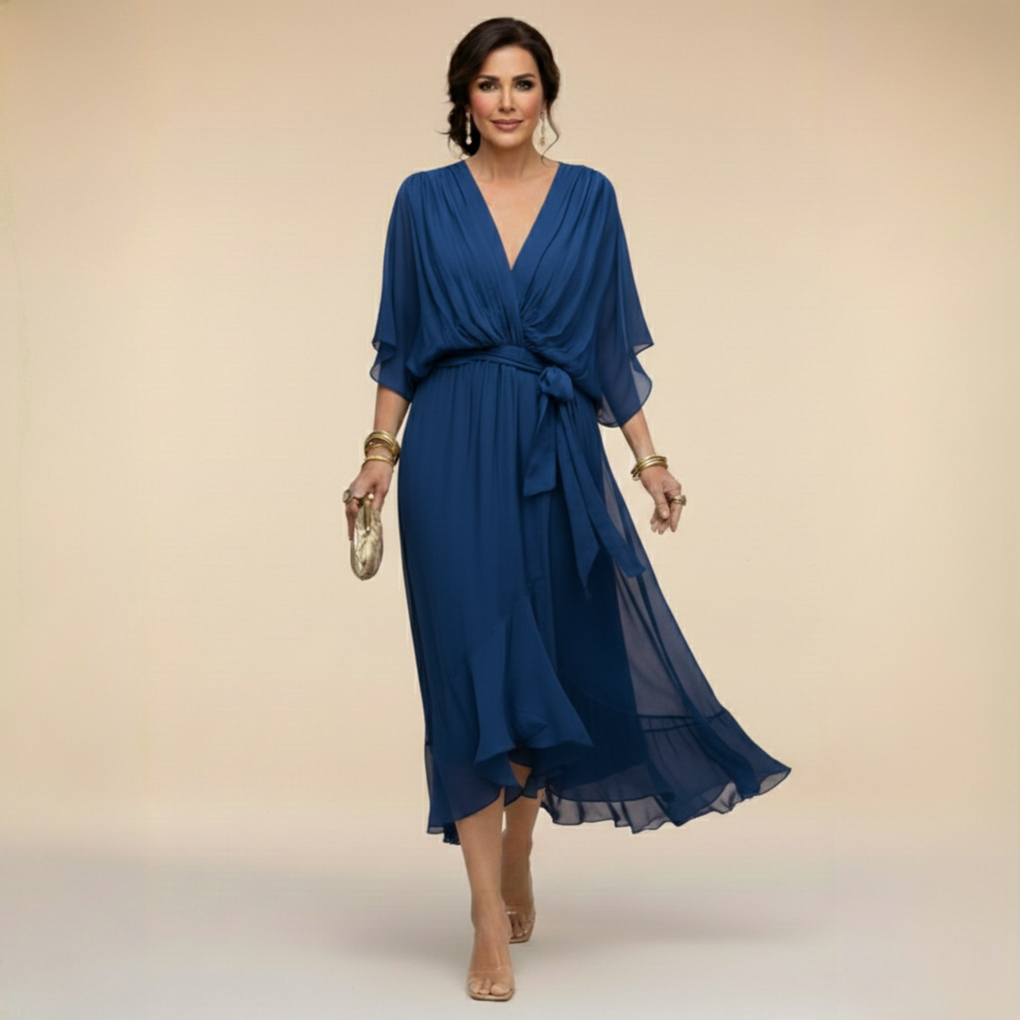 Abito Lungo Elegante Donna con Scollo a V e Maniche a Pipistrello – Vestito Midi Chiffon Fluido con Cintura, Perfetto per Cerimonie e Occasioni Speciali
