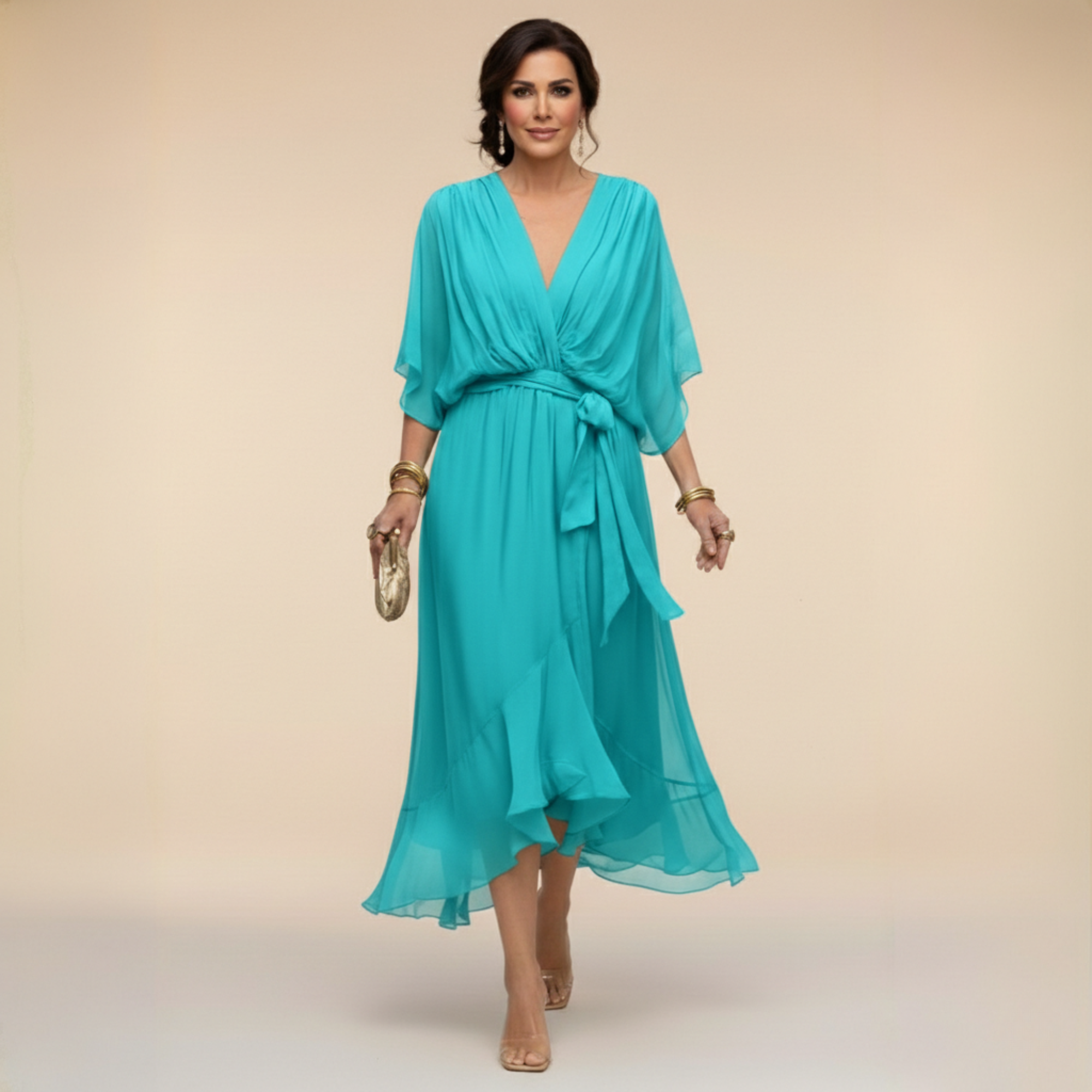 Abito Lungo Elegante Donna con Scollo a V e Maniche a Pipistrello – Vestito Midi Chiffon Fluido con Cintura, Perfetto per Cerimonie e Occasioni Speciali