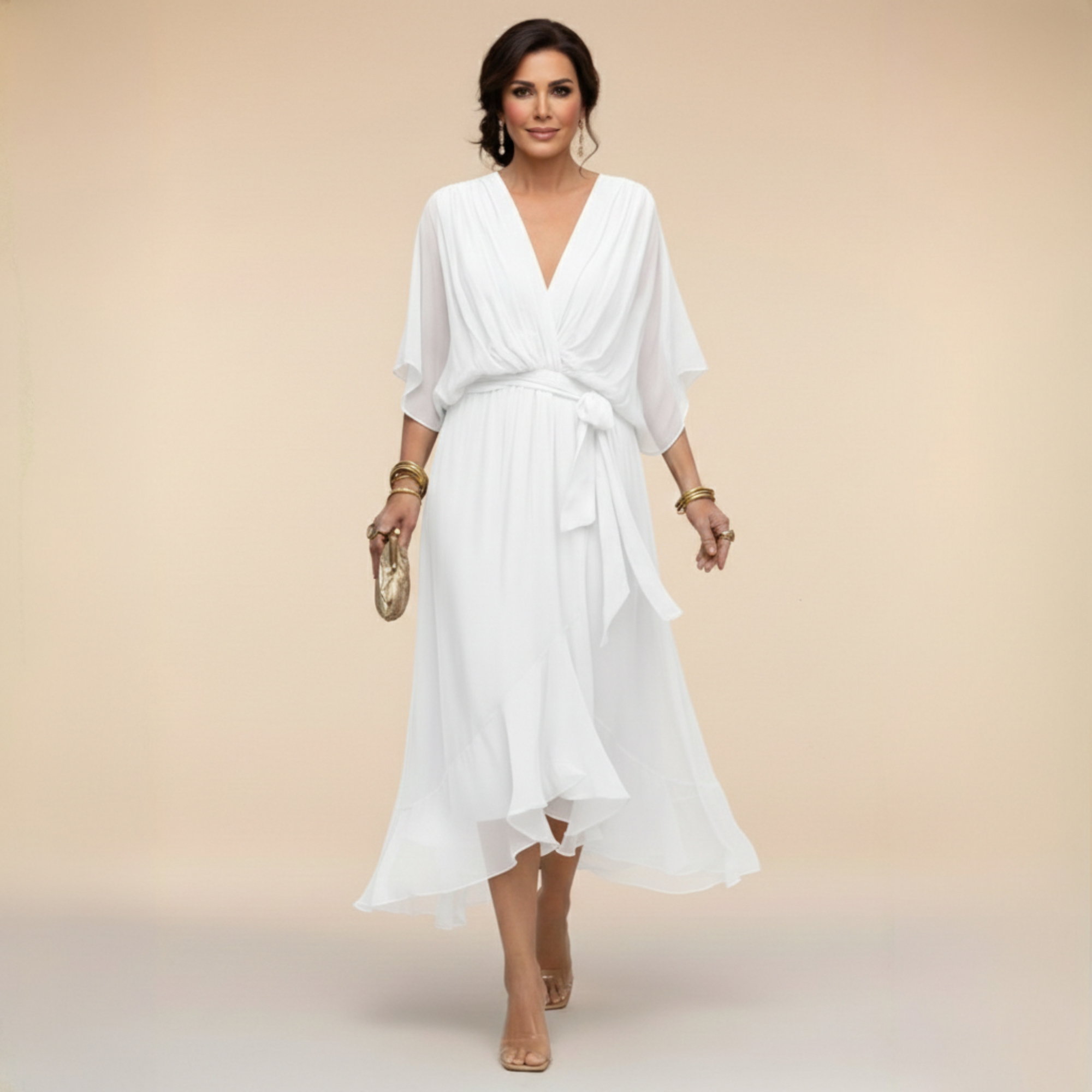 Abito Lungo Elegante Donna con Scollo a V e Maniche a Pipistrello – Vestito Midi Chiffon Fluido con Cintura, Perfetto per Cerimonie e Occasioni Speciali