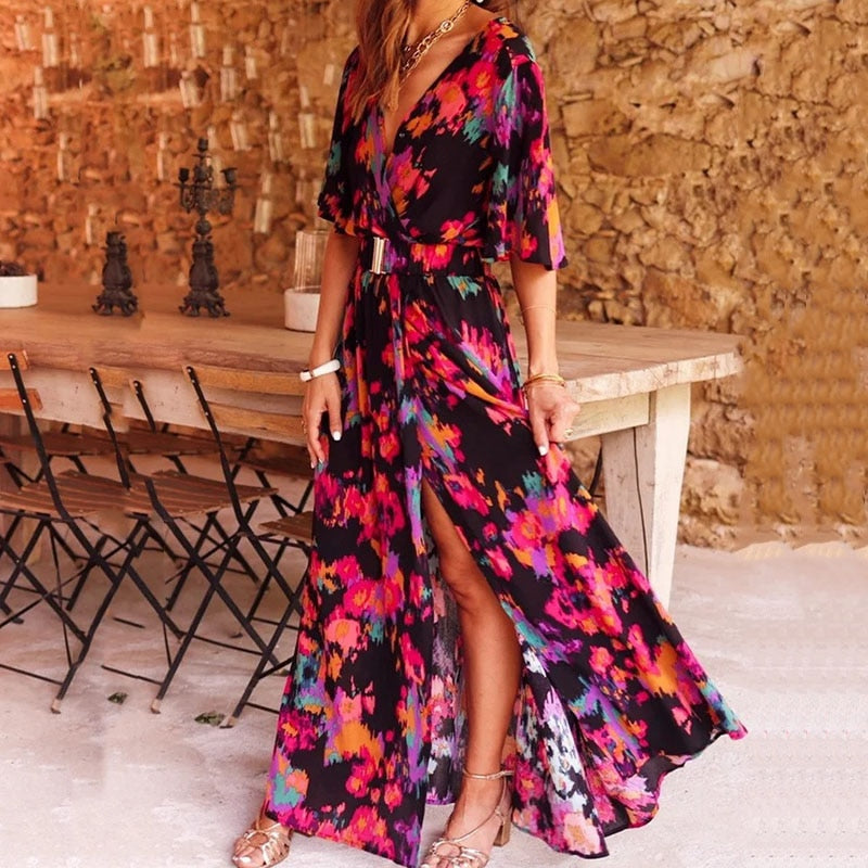Rochie lungă florală pentru femei cu despicătură laterală și mâneci scurte