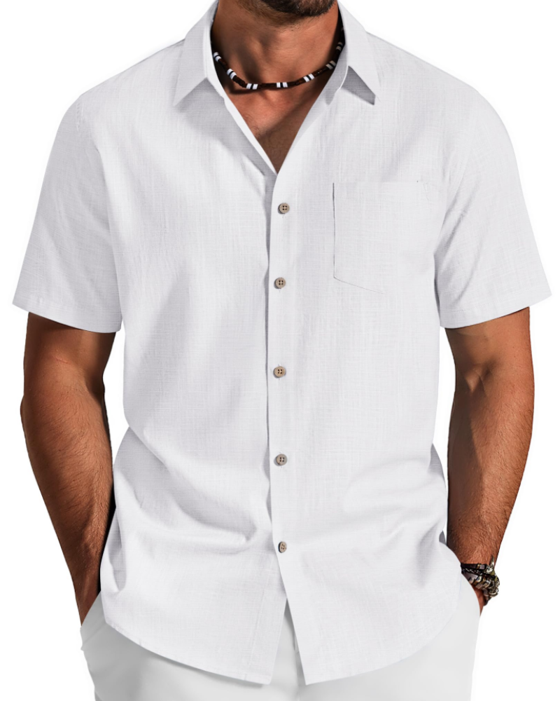 Camicia da Uomo in Lino con Maniche Corte e Colletto Classico