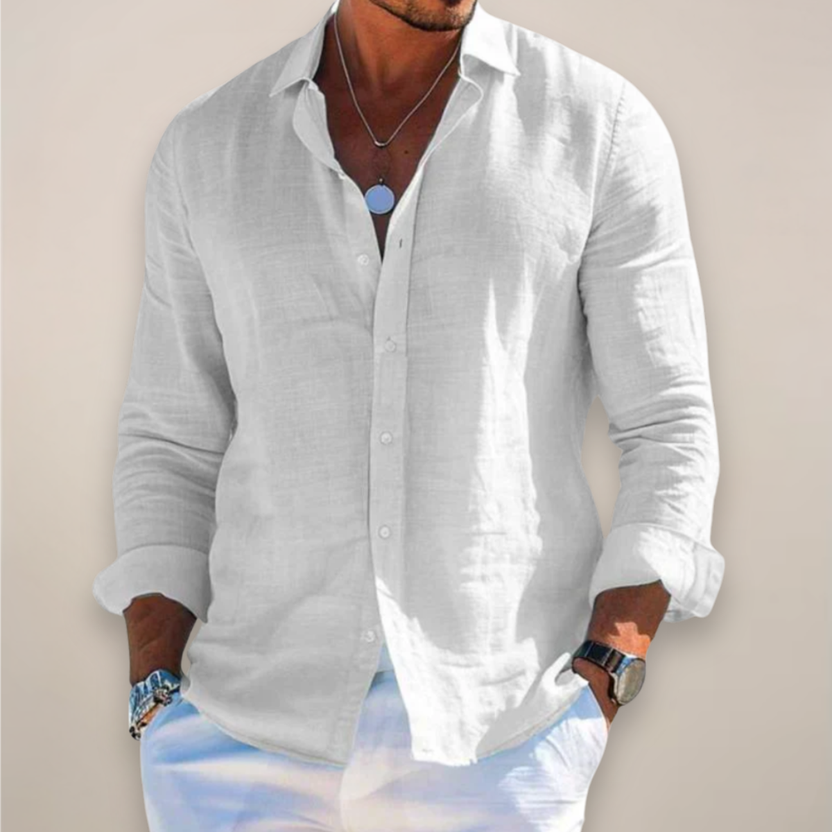 Camicia da Uomo in Lino a Maniche Lunghe con Vestibilità Regolare