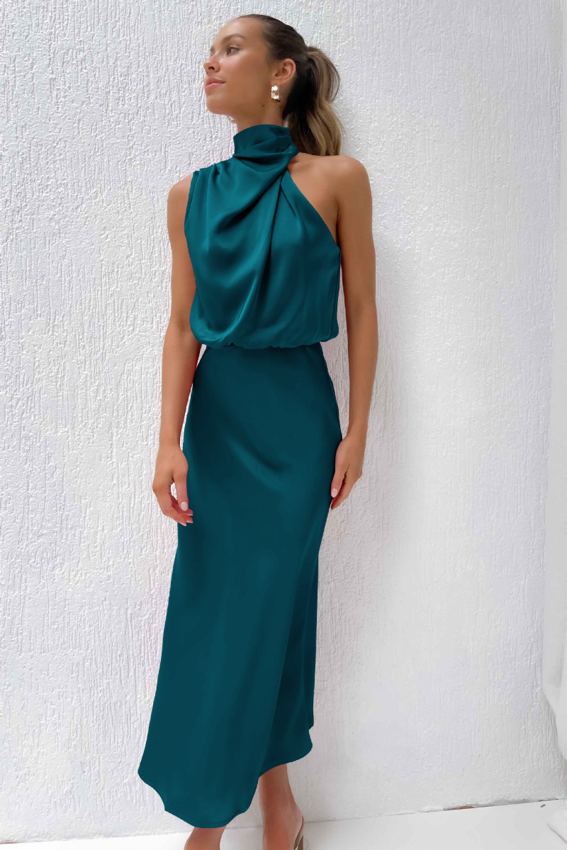 Vestito midi elegante con scollo asimmetrico