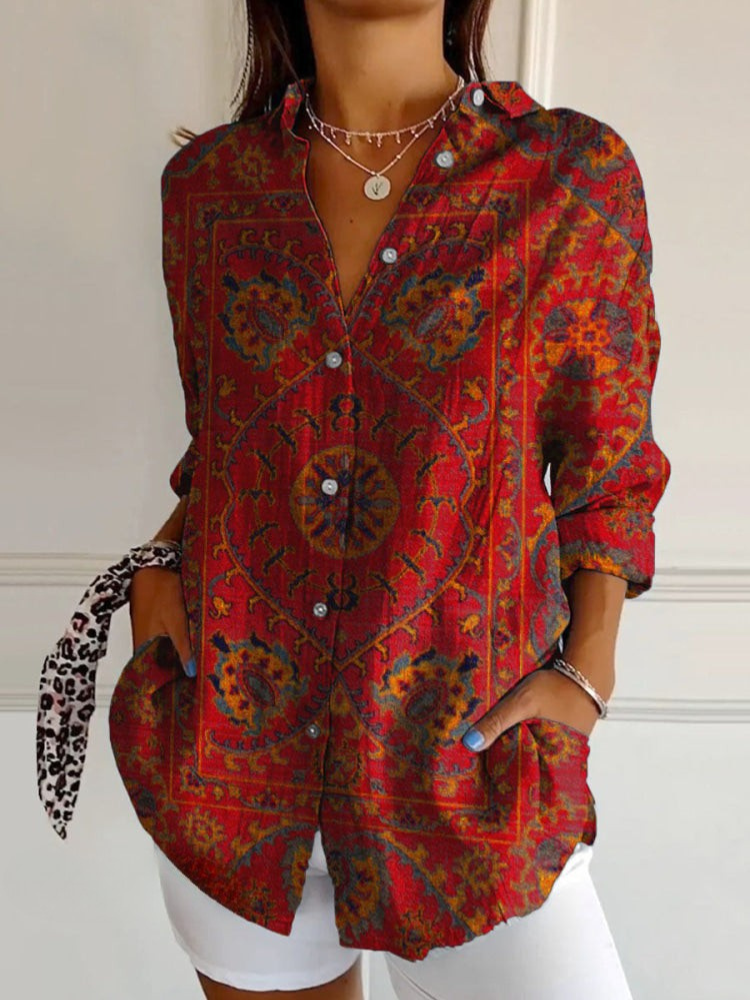 Camicia Donna Stampa Retrò Vestibilità Morbida