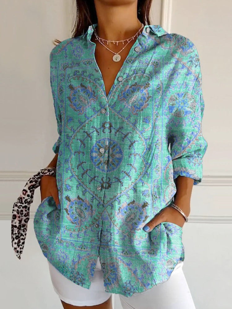 Camicia Donna Stampa Retrò Vestibilità Morbida