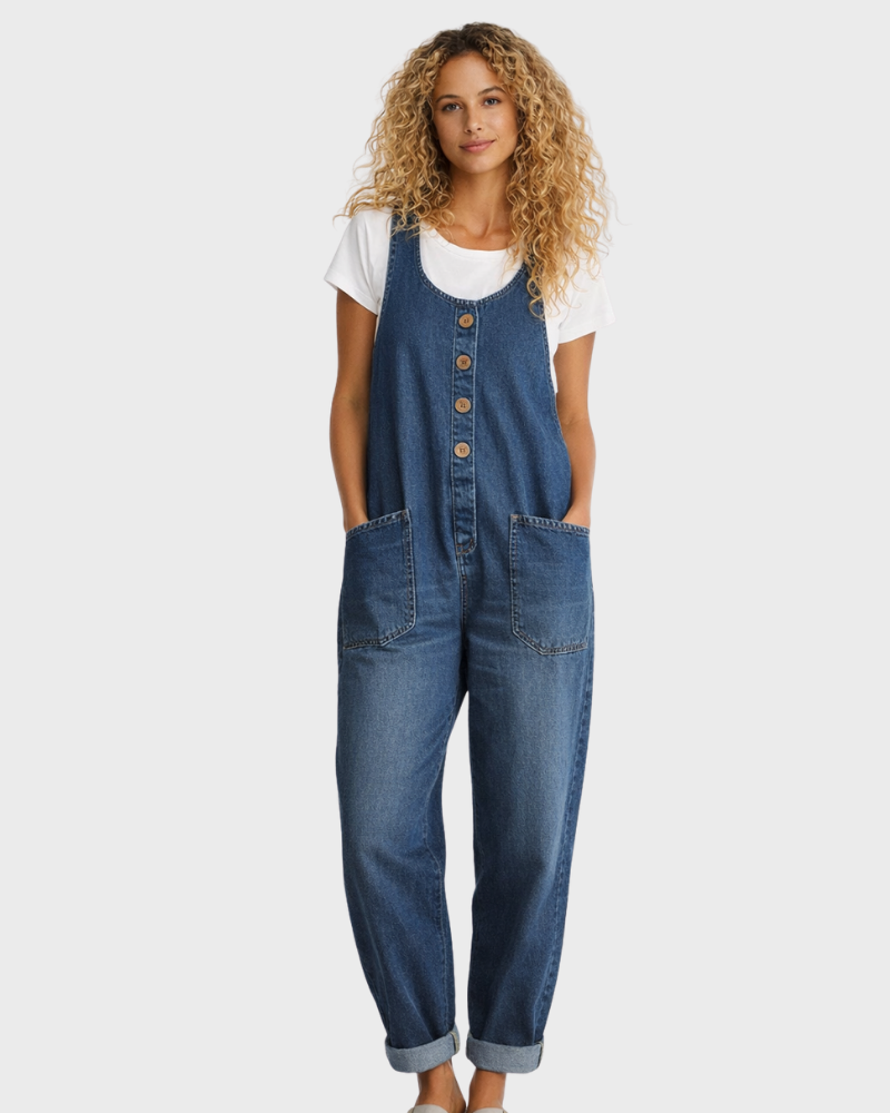 Tuta in Denim di Cotone – Vestibilità Ampia Vintage e Spalline Regolabili