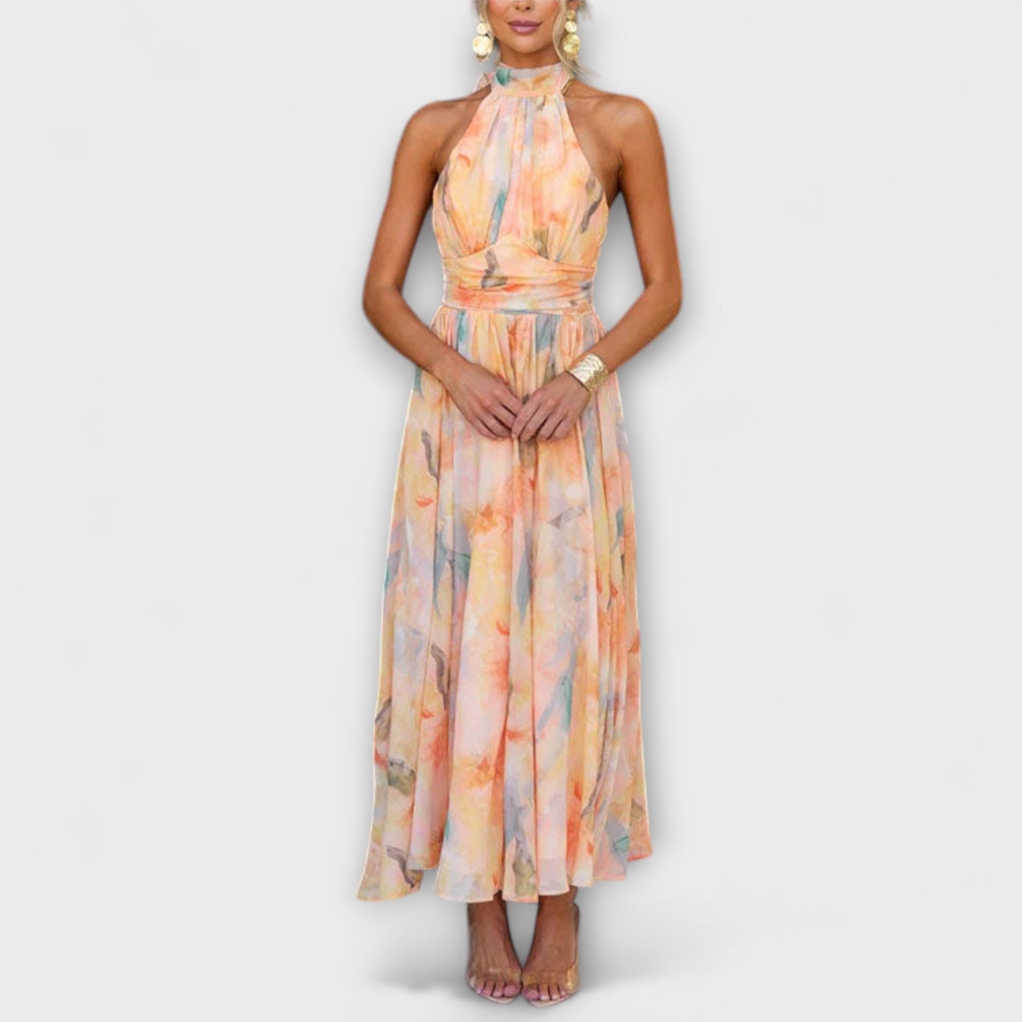 Abito Lungo Donna Floreale con Scollo Halter e Vita Elasticizzata