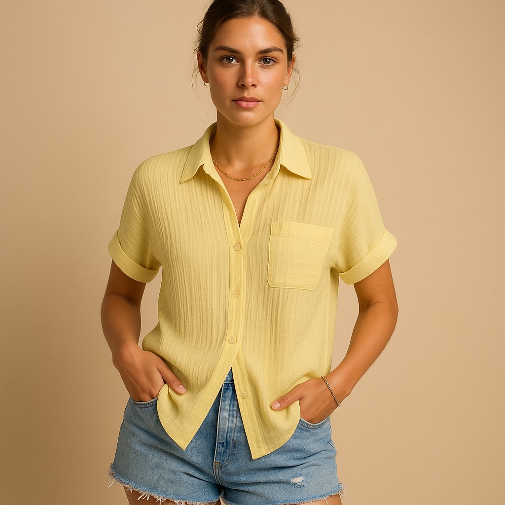 Camicia Donna a Maniche Corte in Lino Misto con Colletto