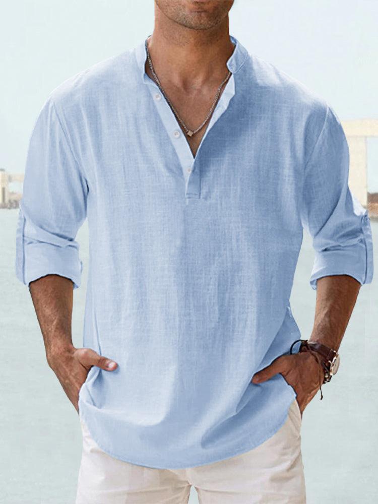 Camicia Casual da Uomo in Lino e Cotone con Collo alla Coreana