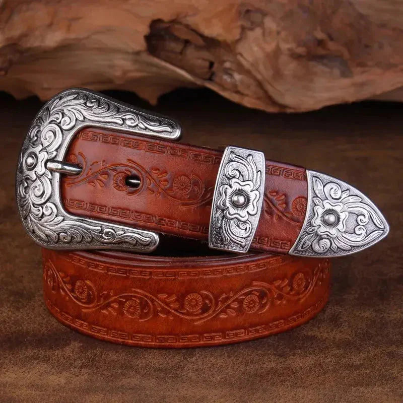Ceinture en cuir pour homme de style western - Boucle gravée, style cowboy classique