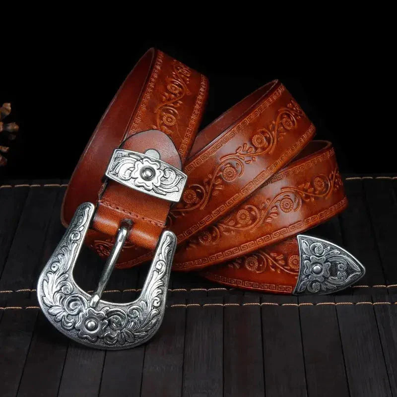 Ceinture en cuir pour homme de style western - Boucle gravée, style cowboy classique