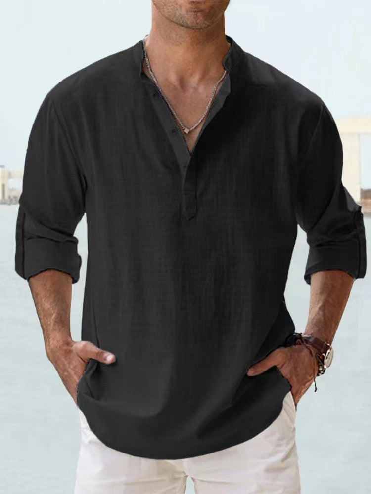Camicia Casual da Uomo in Lino e Cotone con Collo alla Coreana