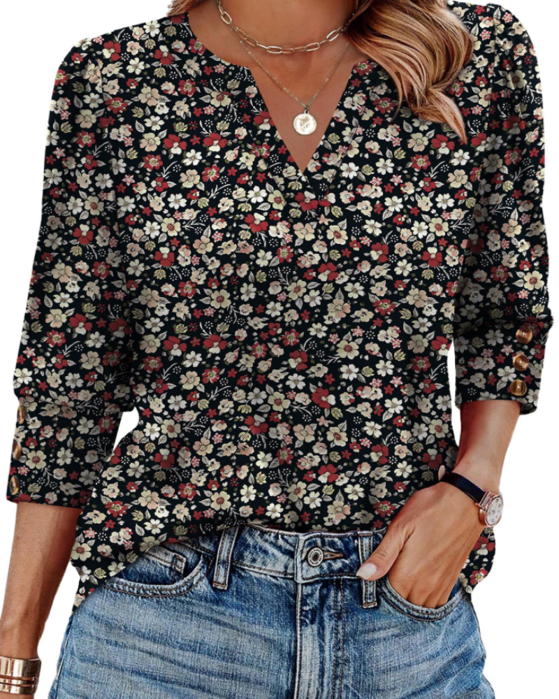 Blusa con Scollo a V a Maniche Lunghe dalla Vestibilità Morbida