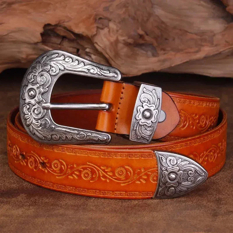 Ceinture en cuir pour homme de style western - Boucle gravée, style cowboy classique