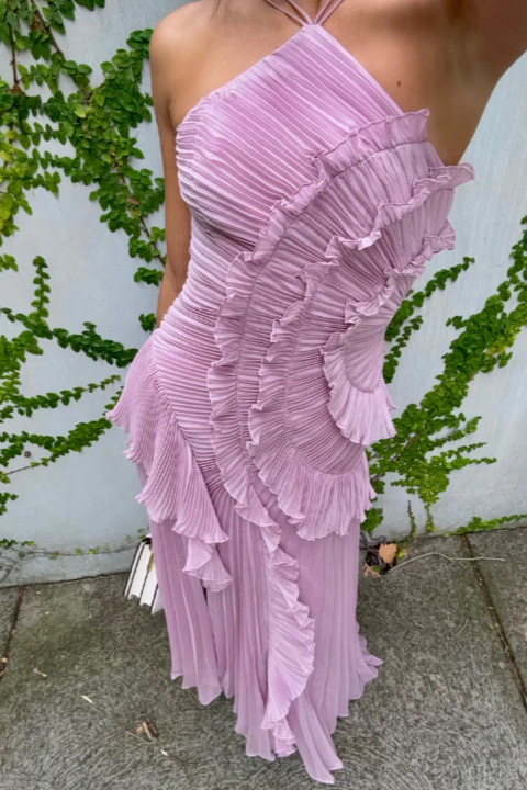 Lucía | Vestito Maxi Donna Volant Plissé Asimmetrico