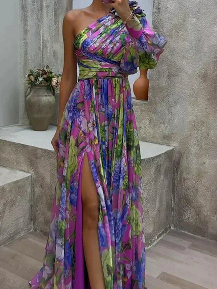 Capucine | Lilac Maxi Dress with Print, Side Slit, and One Sleeve