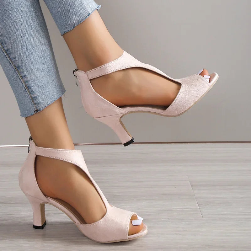 Sandalias de tacón para mujer con punta abierta y correa