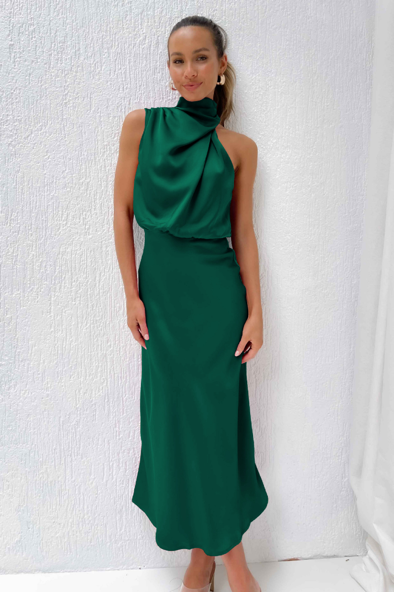 Vestito midi elegante con scollo asimmetrico