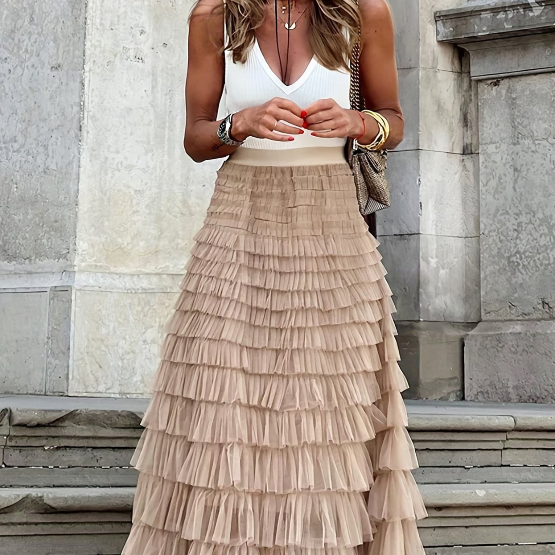 Gonna Lunga da Donna a Strati in Tulle a Vita Alta con Volant | Maxi