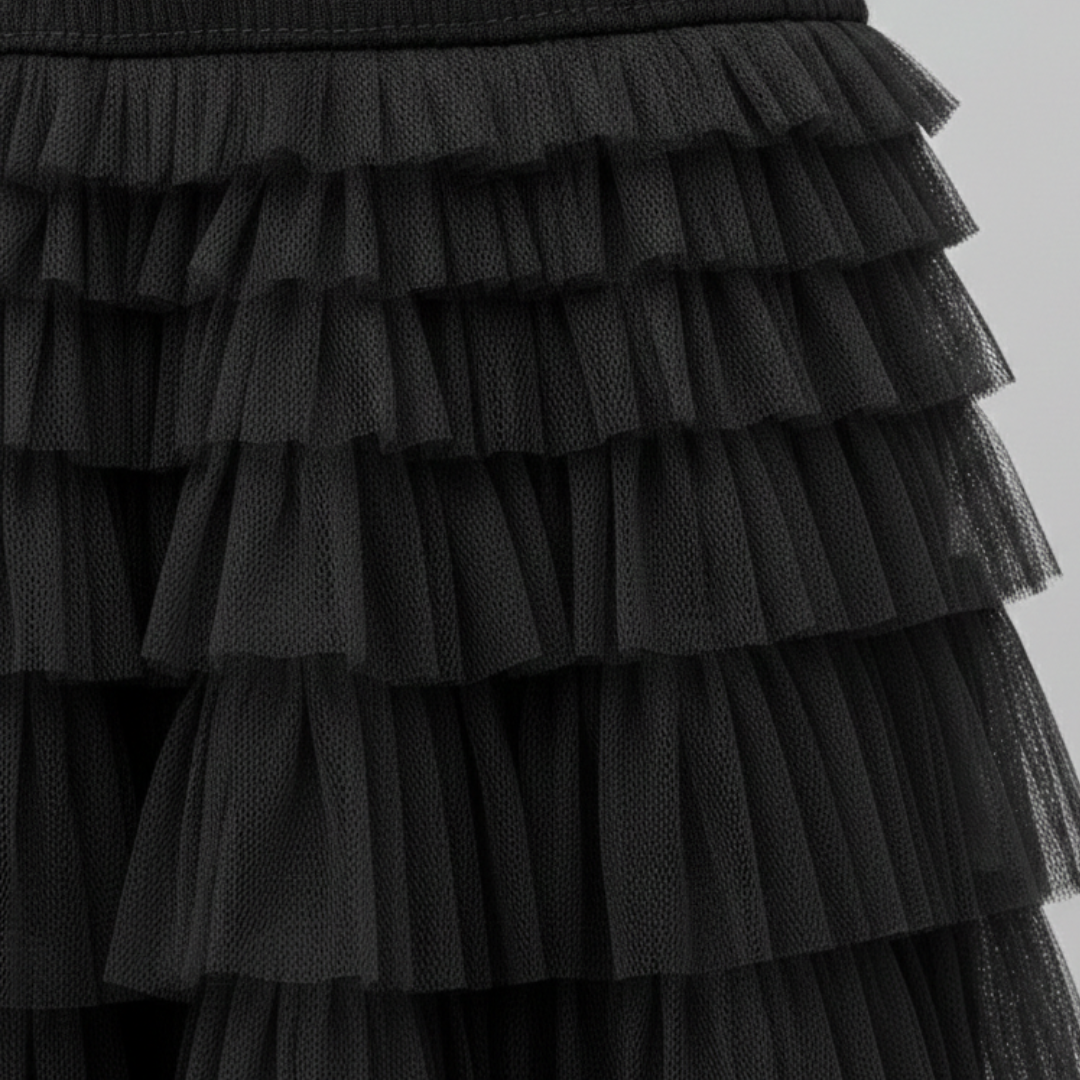 Gonna Lunga da Donna a Strati in Tulle a Vita Alta con Volant | Maxi
