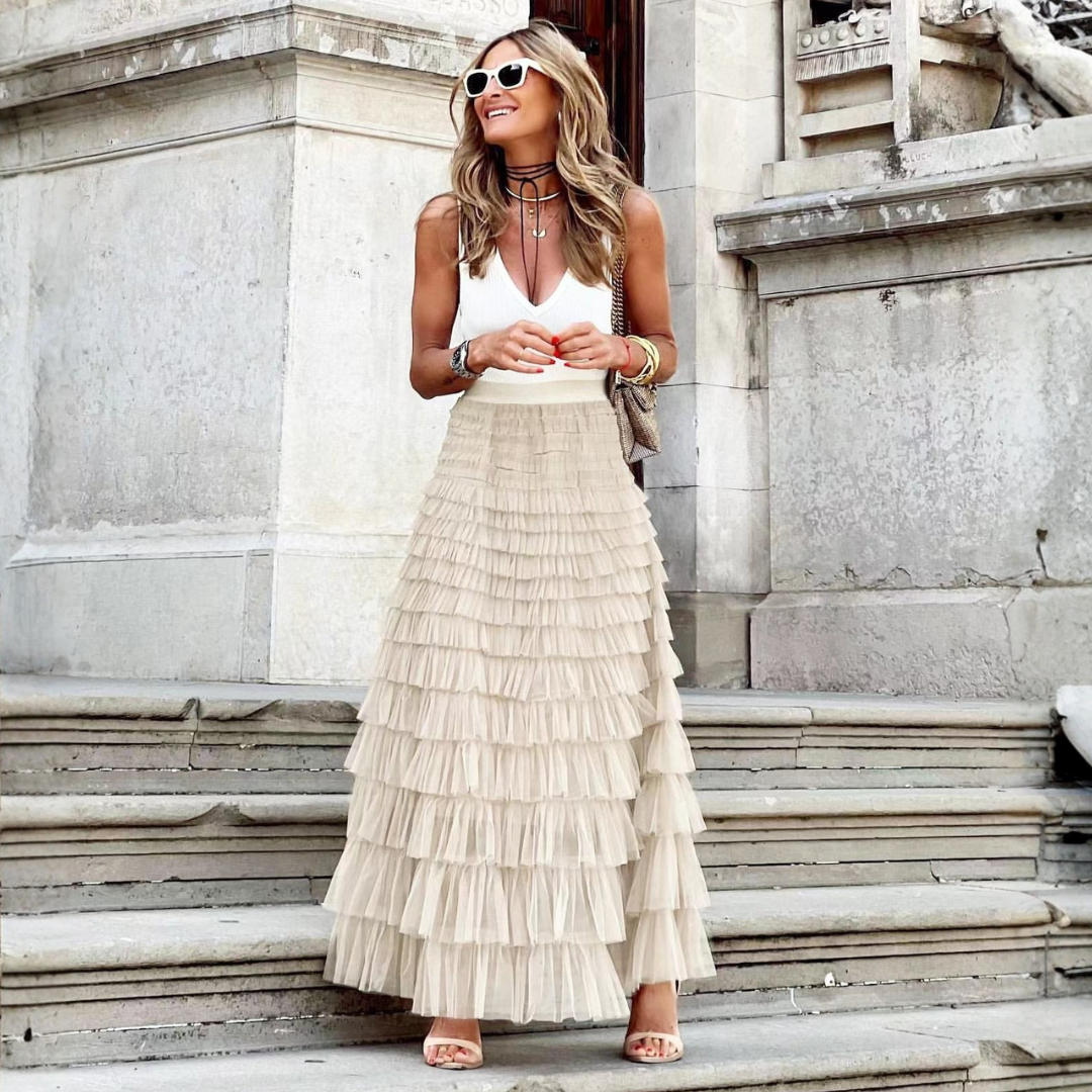 Gonna Lunga da Donna a Strati in Tulle a Vita Alta con Volant | Maxi