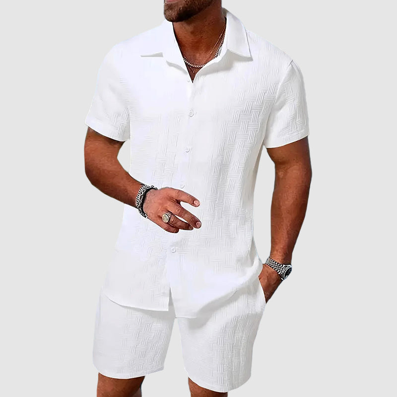 Completo Estivo da Uomo in Lino e Cotone – Camicia a Maniche Corte con Pantaloncini Casual