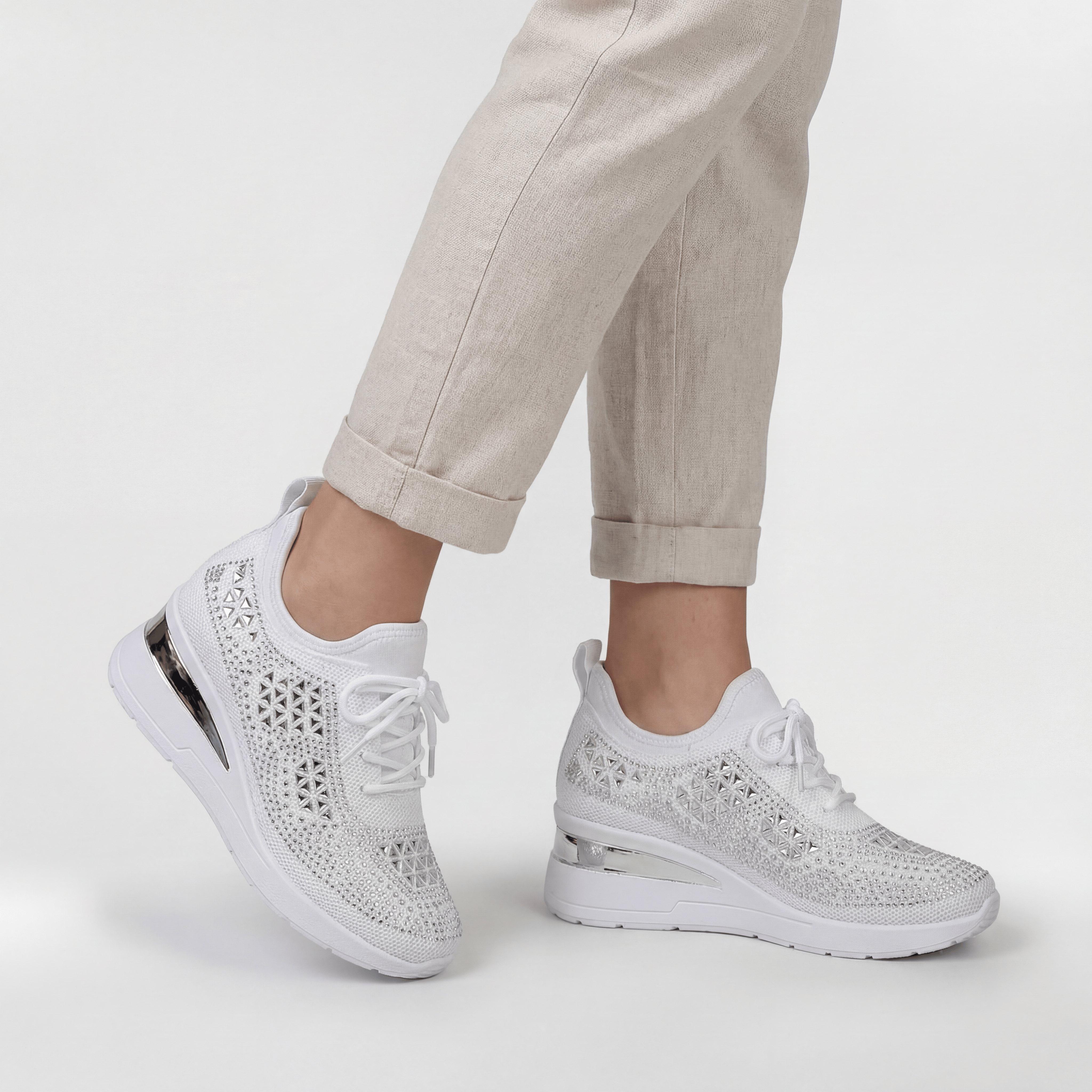 Women's Platform Sneakers with Internal Wedge and Decorative Rhinestones Casual