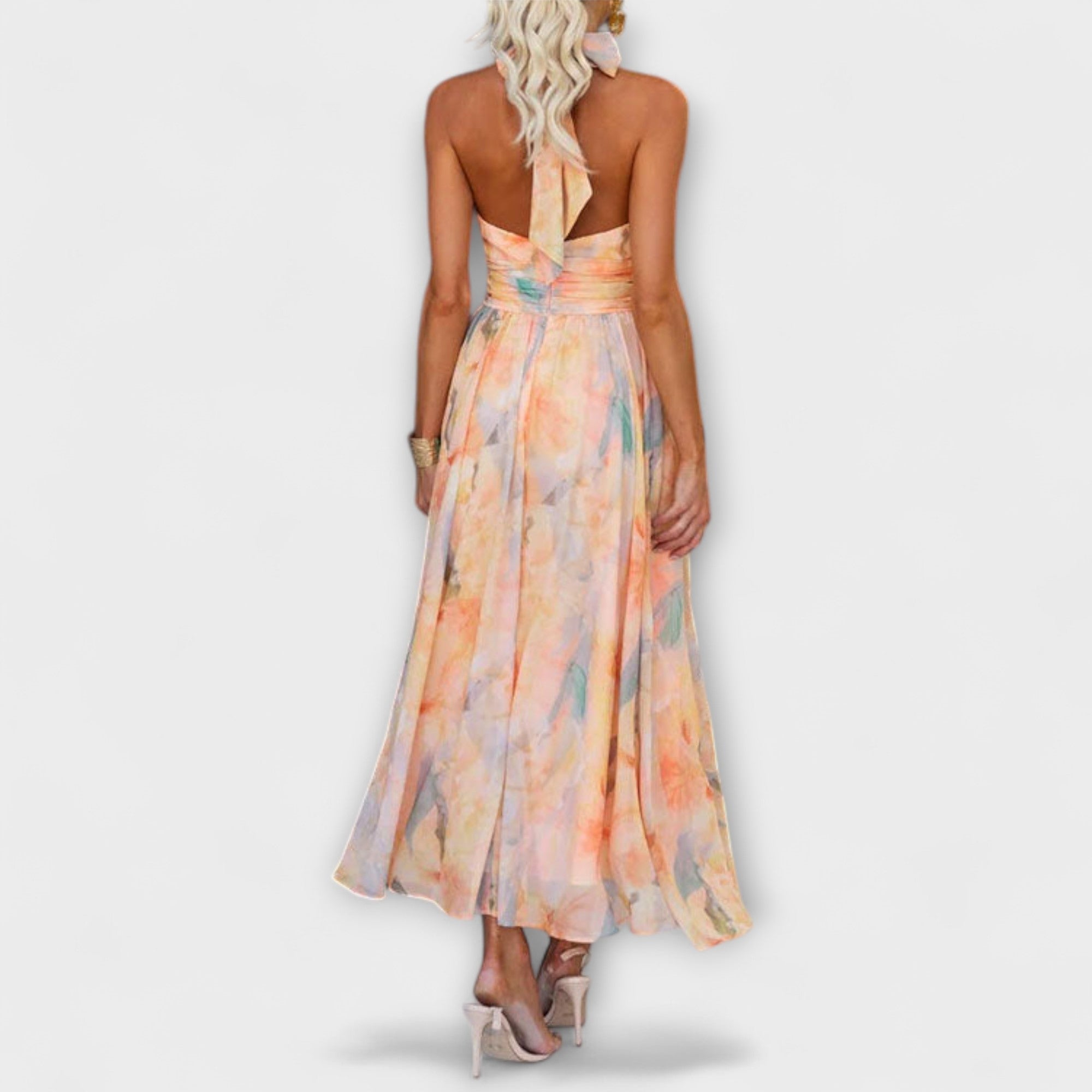 Abito Lungo Donna Floreale con Scollo Halter e Vita Elasticizzata