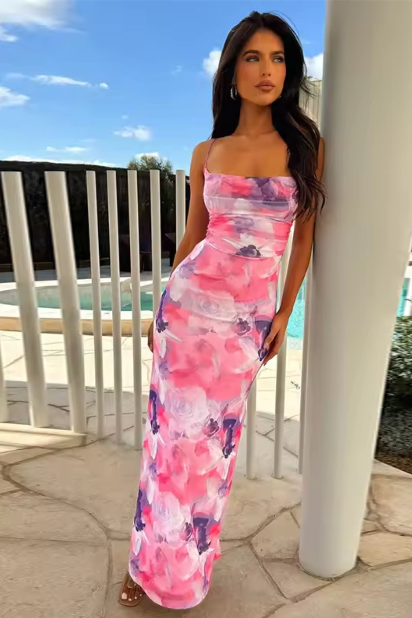 Women's Long Dress with Floral Print and Straps