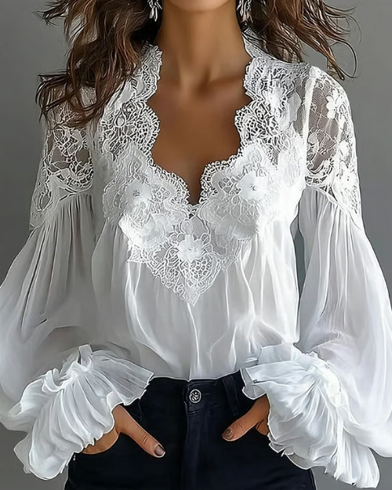 Blusa Donna in Pizzo con Scollo a V e Maniche Lunghe