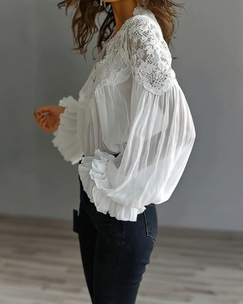 Blusa Donna in Pizzo con Scollo a V e Maniche Lunghe