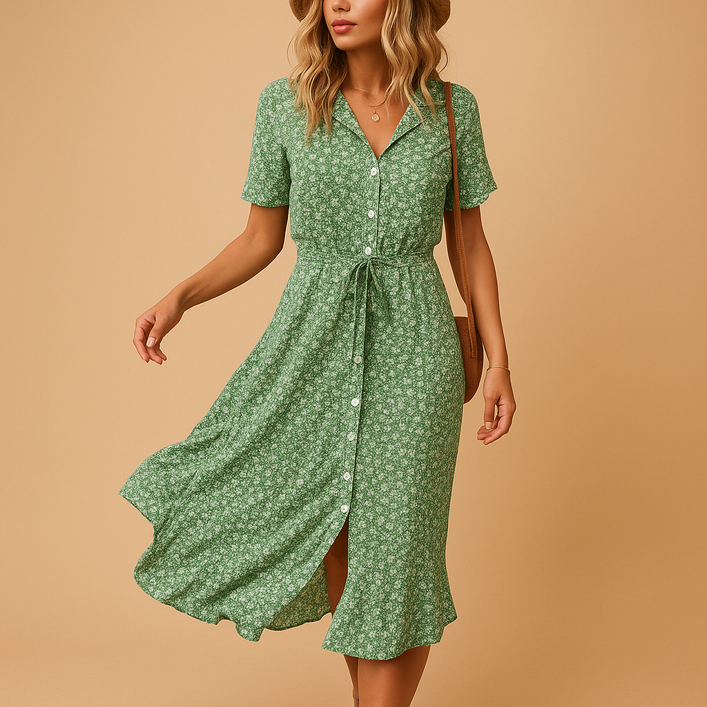 Abito midi donna con scollo a V e stampa