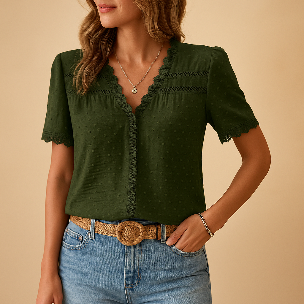 Blusa da Donna con Scollo a V in Pizzo – Maglia Casual Elegante a Maniche Corte