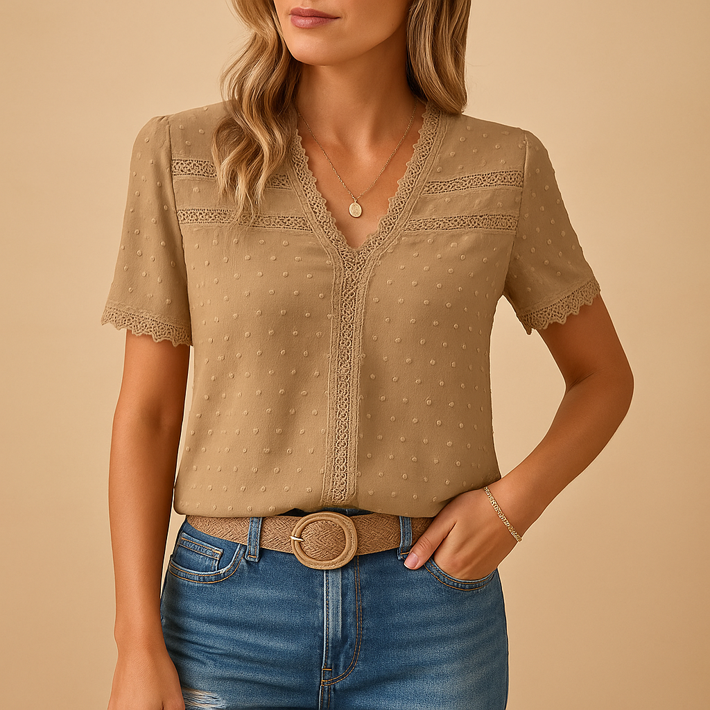 Blusa da Donna con Scollo a V in Pizzo – Maglia Casual Elegante a Maniche Corte