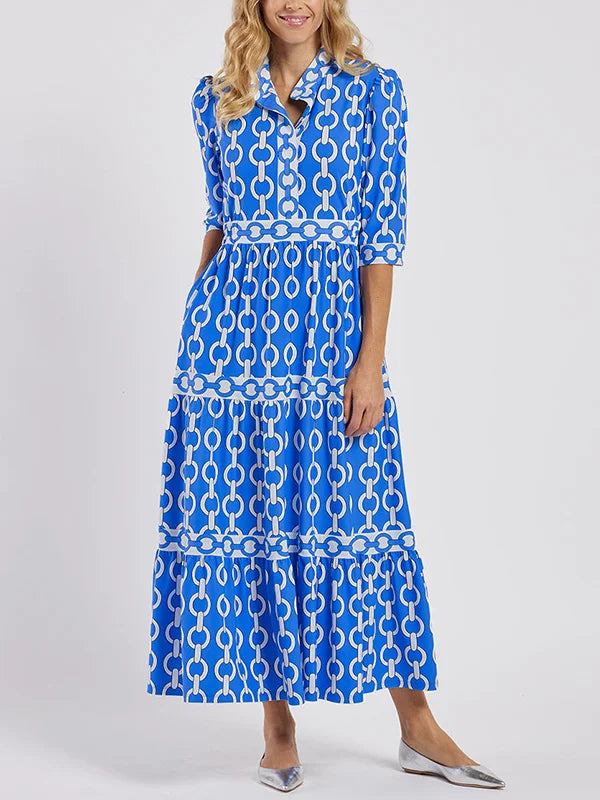 Abito Maxi da Donna con Stampa Geometrica e Cintura in Vita