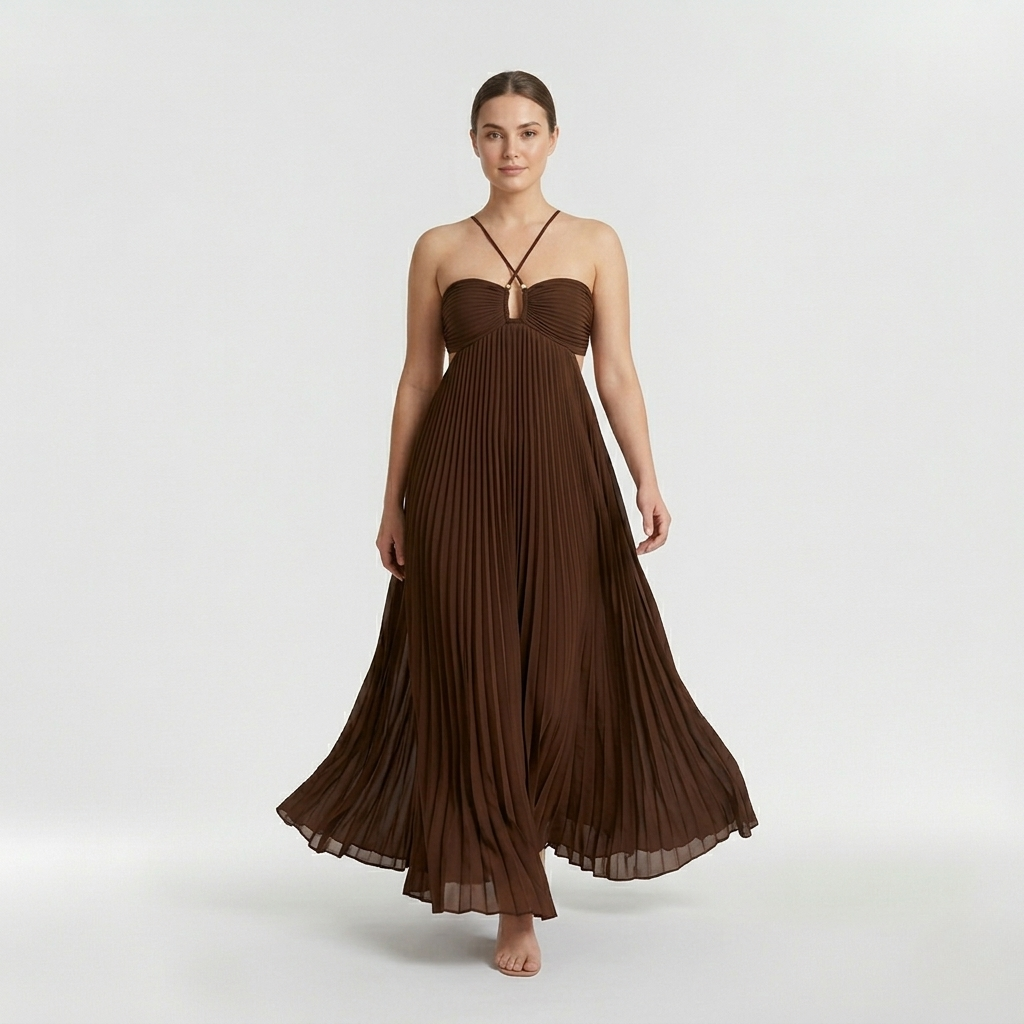 Vestido maxi plissado com decote halter e costas descobertas para mulher