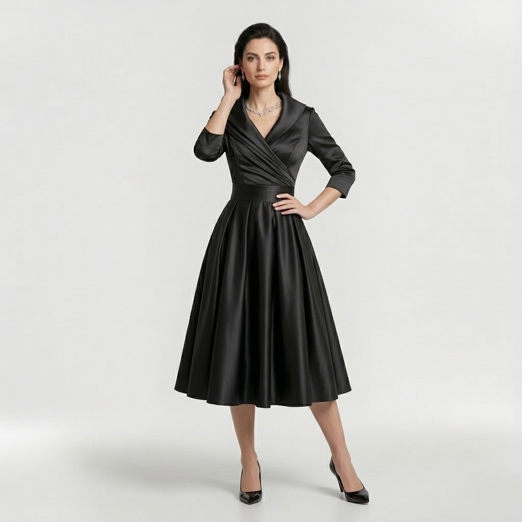 Abito Midi Elegante da Donna con Maniche Lunghe – Vestito Classico Svasato con Cintura