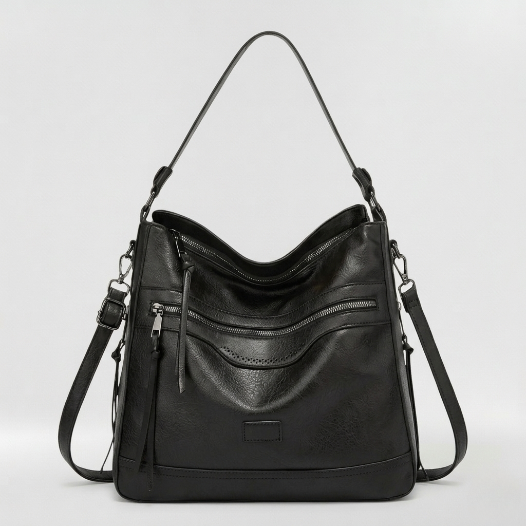 Borsa a spalla morbida da donna con zip e tasche frontali